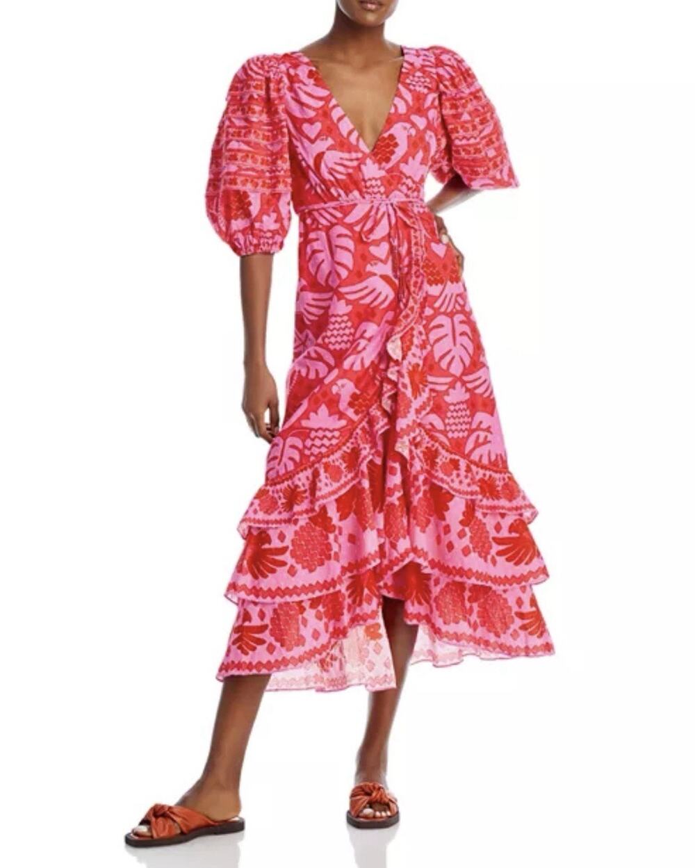 Farm Rio Jungle Scarf Wrap Midi Dress Pink Red Tropical Tiered Cotton Size S